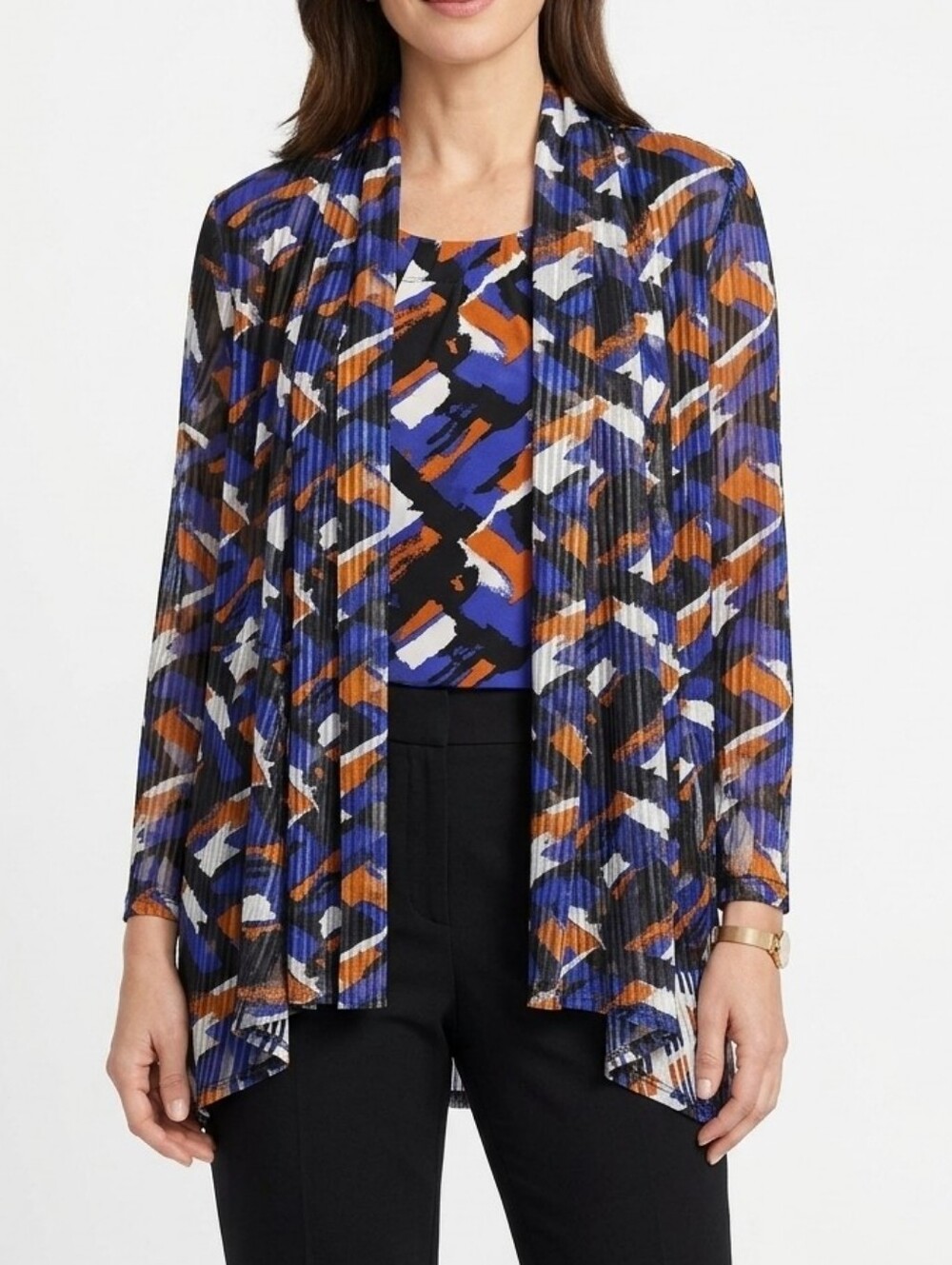 Vintage Kasper Plisse Mesh Open Front Cardigan & Matching Tank Set Abstract Art